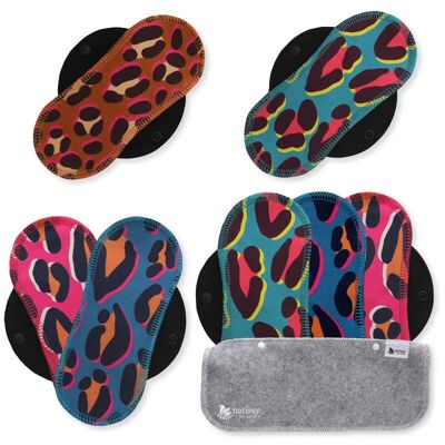 Organic Cotton Reusable Panty Liners with Wings 7-Pack (normal discharge) - Cheetah (black wings)