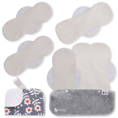 Assorbenti mestruali riutilizzabili in bambù certificato con ali, confezione da 6 (taglie L e XL) - Naturale (ali bianche)