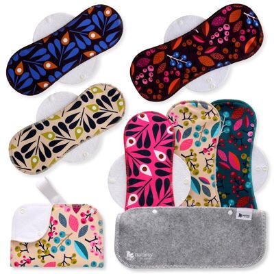 Assorbenti mestruali riutilizzabili in cotone biologico con ali, confezione da 6 (taglie L e XL) - Uva e pavone (ali bianche)