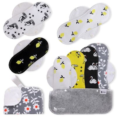 Assorbenti mestruali riutilizzabili in cotone biologico con ali, confezione multipla (taglie S, M, L, XL) - Limoni (ali bianche)