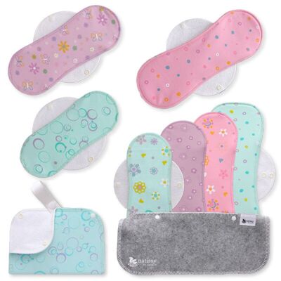 Assorbenti mestruali riutilizzabili in cotone biologico con ali, confezione multipla (taglie S, M, L, XL) - Pastello (ali bianche)