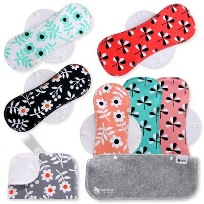 Assorbenti mestruali riutilizzabili in cotone biologico con ali, confezione da 6 (taglie L e XL) - Fiori (ali bianche)