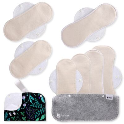 Assorbenti mestruali riutilizzabili in cotone biologico con ali, confezione multipla (taglie S, M, L, XL) - Naturale non sbiancato (ali bianche)
