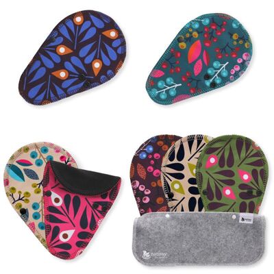 Panty Liners TANGA reutilizables de algodón orgánico con alas, paquete de 7, uvas y pavo real (alas negras)