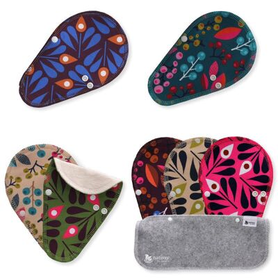 Panty Liners TANGA reutilizables de algodón orgánico con alas, paquete de 7, uvas y pavo real (alas blancas)