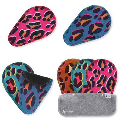Panty Liners TANGA reutilizables de algodón orgánico con alas, paquete de 7 - Cheetah (alas negras)