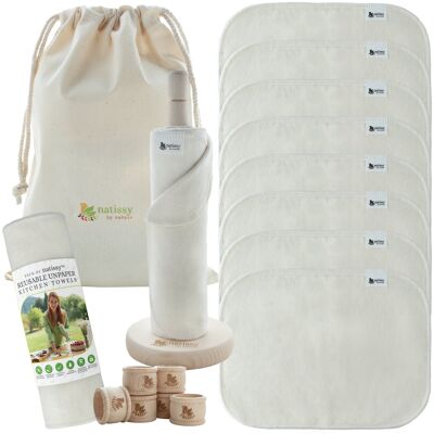 Toallas de cocina reutilizables sin papel, algodón certificado, rollo de 10 unidades, natural sin blanquear