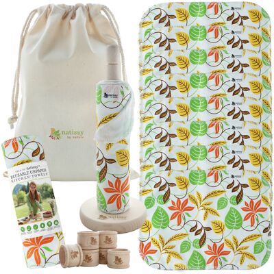 Toallas de cocina reutilizables sin papel, rollo de algodón certificado (10 unidades) - Natissy Leaves
