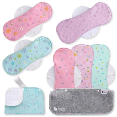 Assorbenti mestruali riutilizzabili in cotone biologico con ali, confezione da 6 (taglie L e XL) - Pastello (ali bianche)