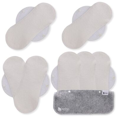 Protège-slips réutilisables en bambou certifié avec ailes, lot de 7 (pertes abondantes) - Naturel (ailes blanches)