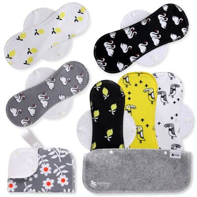 Organic Cotton Reusable Menstrual Pads with Wings 6-Pack (Sizes L & XL) - Lemons (white wings)