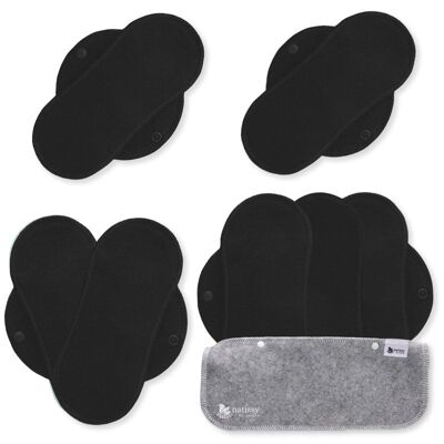 Organic Cotton Reusable Panty Liners with Wings 7-Pack (normal discharge) - Solid Black (black wings)