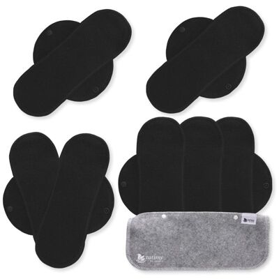 Organic Cotton Reusable Panty Liners with Wings 7-Pack (heavy discharge) - Organic Cotton (black wings)