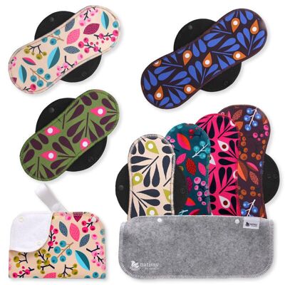 Assorbenti mestruali riutilizzabili in cotone biologico con ali, confezione multipla (taglie S, M, L, XL) - Uva e pavone (ali nere)