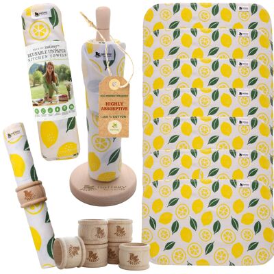Reusable Paperless Kitchen Towels, Certified Cotton Roll of 10 - Lemons