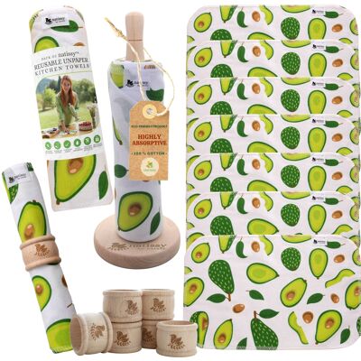 Reusable Paperless Kitchen Towels, Certified Cotton Roll of 10 - Avocado