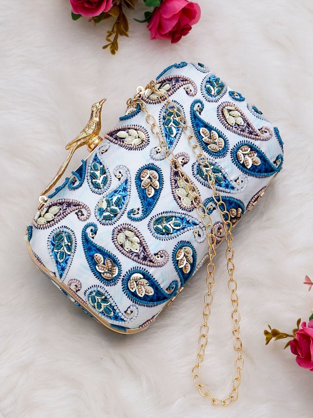 Borsa con motivo paisley blu e uccelli