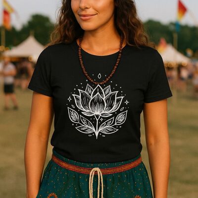 Camiseta Bohotusk de algodón negro con flor de loto para mujer, tallas XS-2XL (UK 6-18)
