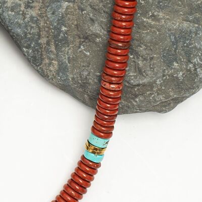 Collier nomade en perles de corde turquoise et jaspe rouge