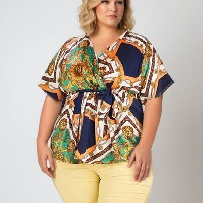 Blusa cruzada de talla grande con estampado de pañuelo verde (C6208)