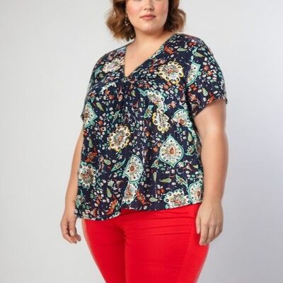 Top con stampa floreale blu taglie forti (C6219)
