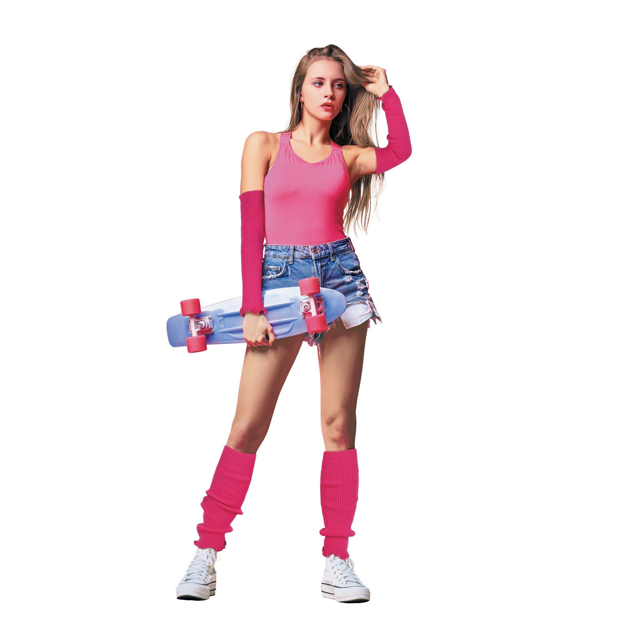 MANCHETTES/GUETRES TRICOT ROSE FLUO X2