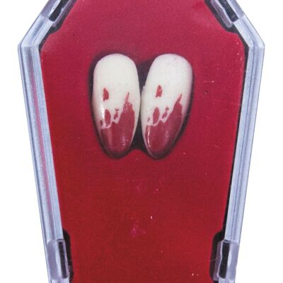 2 CANINES DE VAMPIRE ENSANGLANTEES DANS CERCUEIL (nécessaire de fixation inclus)