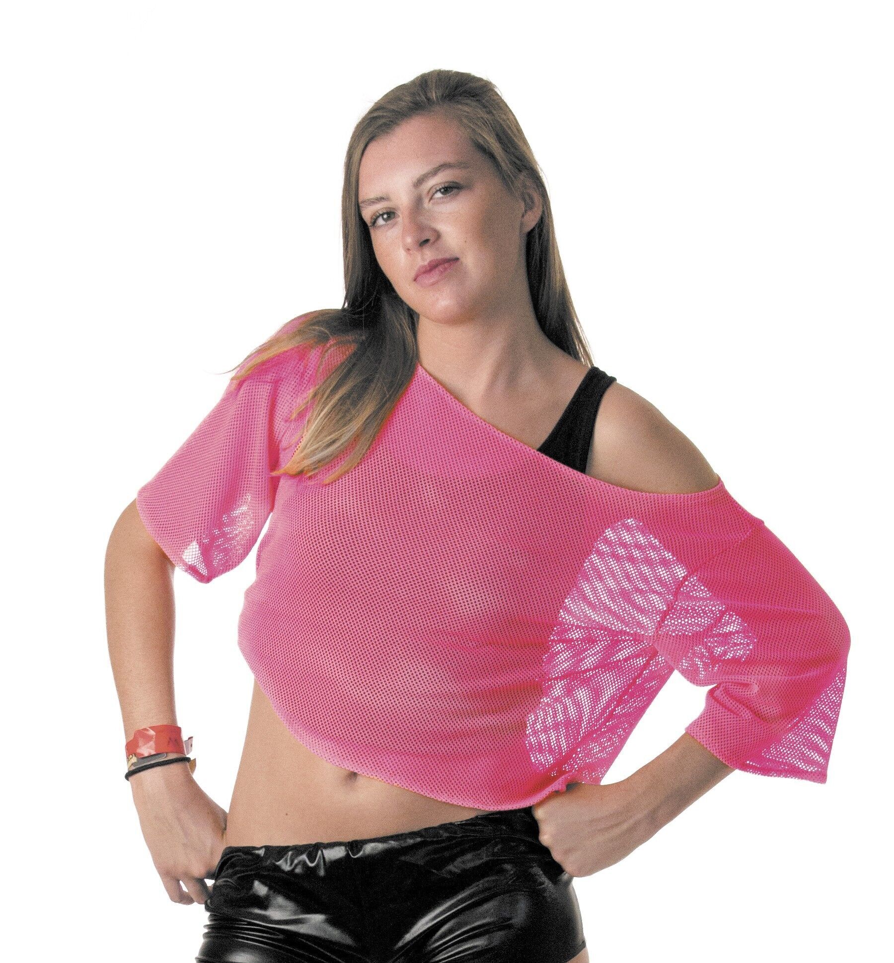 T-SHIRT ROSA FLUO ANNI '80 A RETE