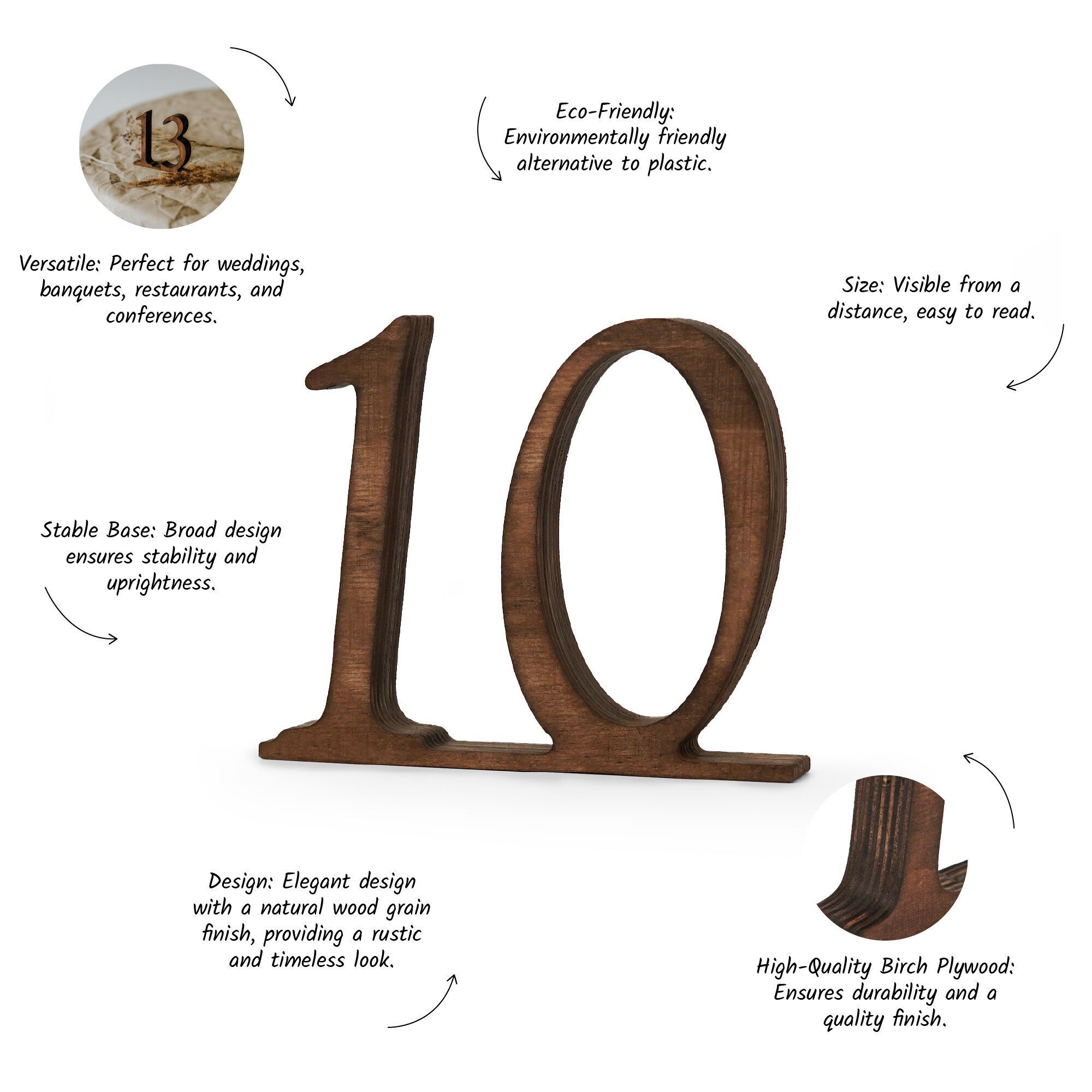 Set of 1–10 Wooden Table Numbers, Freestanding Numbers for Weddings, Events, and Receptions