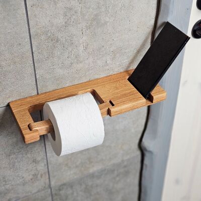 Porta carta igienica da parete in rovere, mensola per bagno con poggia telefono integrato
