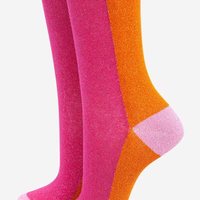 Calzini da donna in cotone glitter con parte superiore smerlata color block rosa arancione