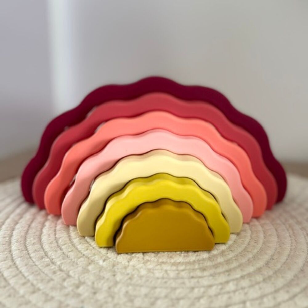Juguete sensorial de silicona Montessori - Arcoíris rojo apilable - Juguetes educativos - Marca francesa
