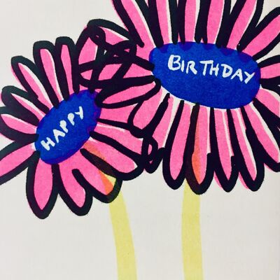 Karte Pink-Schwarze Blumen Happy Birthday