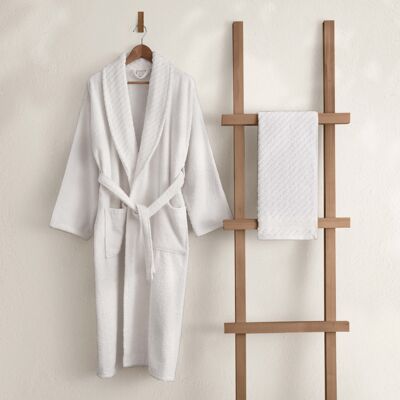 Koza Home Likya 100% cotone bianco set di 2 accappatoi da doccia 1 accappatoio 1 asciugamano 1054A L-XL