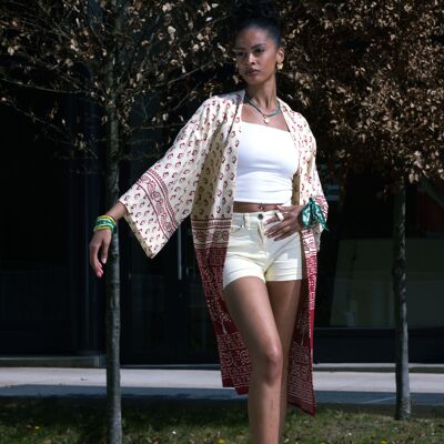 Kimono etnico beige e rosso - MODA DONNA