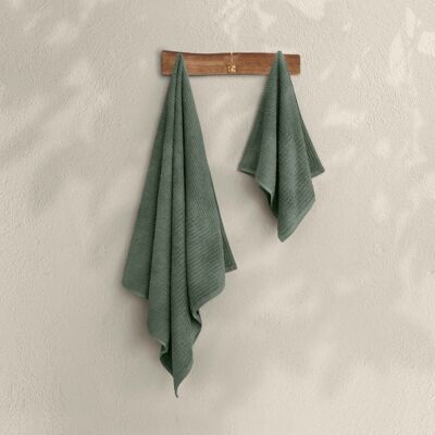 Koza Home Likya Ensemble de serviettes 2 pièces 100 % coton jacquard uni rayé vert 1034A 70 x 140 - 50 x 90