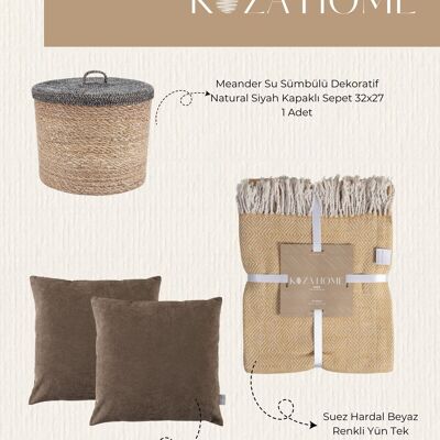 Ensemble de dot Koza Home Beige Mini, ensemble salon et chambre, couverture simple en laine, 2 coussins, 1 panier