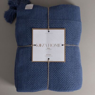 Couverture double Koza Home Miel Indigo Edge Pompon 200x220 37115 Double