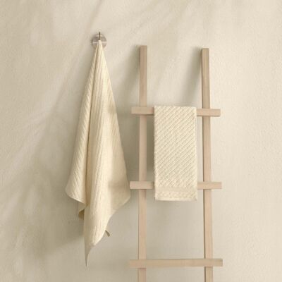 Koza Home Likya Ensemble de serviettes 2 pièces 100 % coton jacquard crème à rayures croisées 1018A 90 x 150 - 50 x 90
