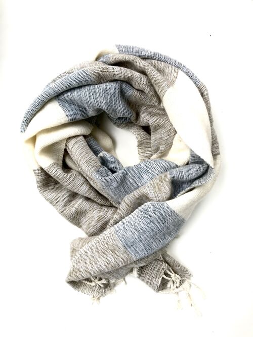Yakwol Sjaal | Beige/offwhite/grijs in streeppatroon |  190x75 cm -| handgeweven.