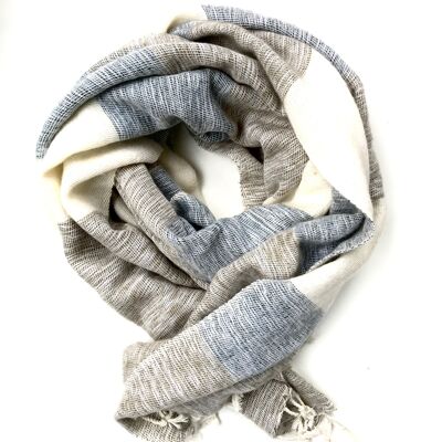 Yak Wool Scarf | Beige/offwhite/grey in stripe pattern | 190x75 cm -| handwoven.