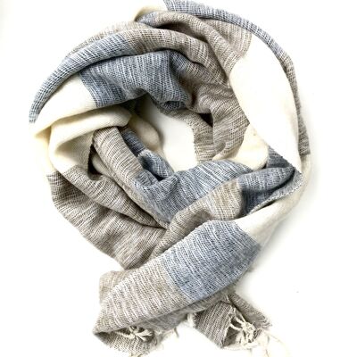 Écharpe en laine de yak | Beige/écru/gris à rayures | 190x75cm -| tissés à la main.
