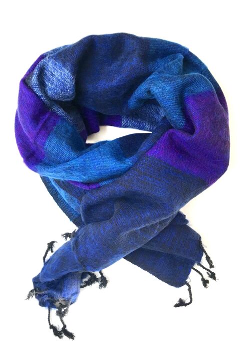 Yak wool scarf blue-stripe 190x75 cm - handwoven.