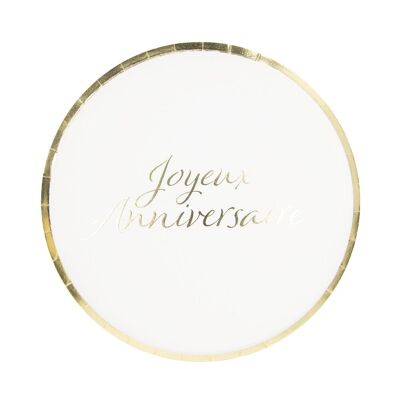 ASSIETTES RONDES 22CM JOYEUX ANNIVERSAIRE OR X 8