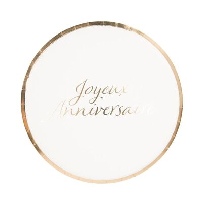ASSIETTES RONDES 22CM JOYEUX ANNIVERSAIRE ROSE GOLD X 8