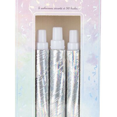 BOX SET OF 5 BLOWGUNS + 50 IRIDESCENT PARTY BALLS