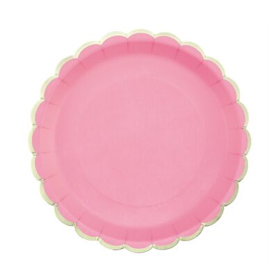 PLATOS FESTONES 23CM ROSA NEÓN Y DORADO X 8