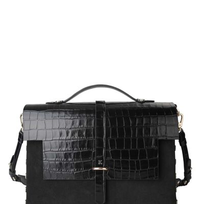 Sac TOE en cuir embossé croco et veau velours XL-NOIR/NOIR