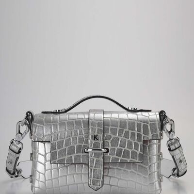 Sac TOY en cuir embossé façon croco métalisé S - ARGENT