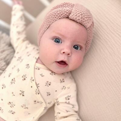 Ensemble bonnet et turban pour bébé, vieux rose et naturel